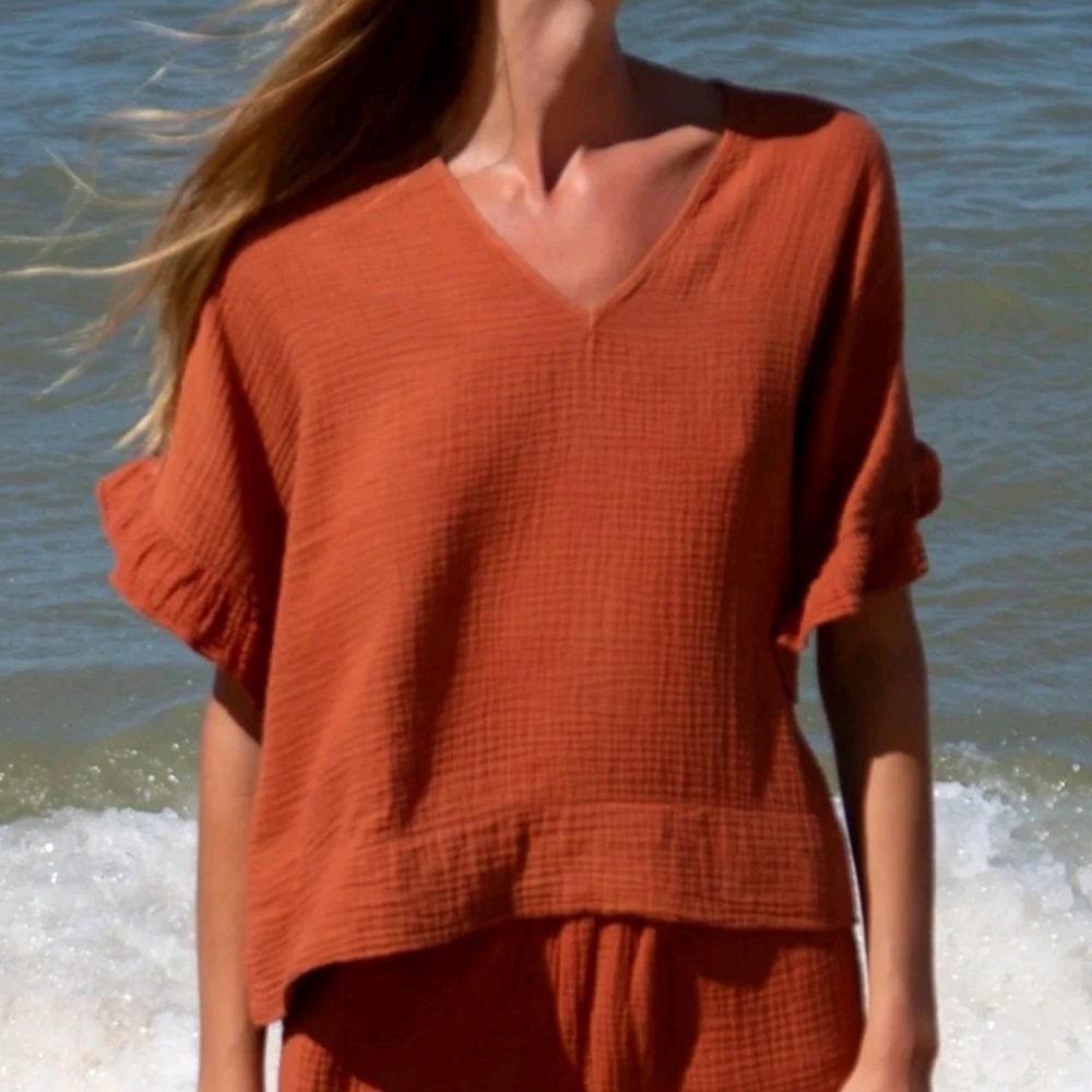 Beaumont Organic Arabella Gauze Vneck Top S Paprika Rust
